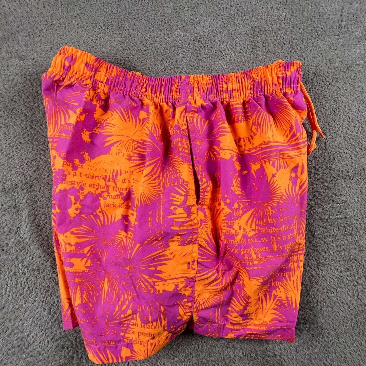 Panama Jack Swim Trunks Mens Medium Orange Purple Tropical Palm Script Beachwear