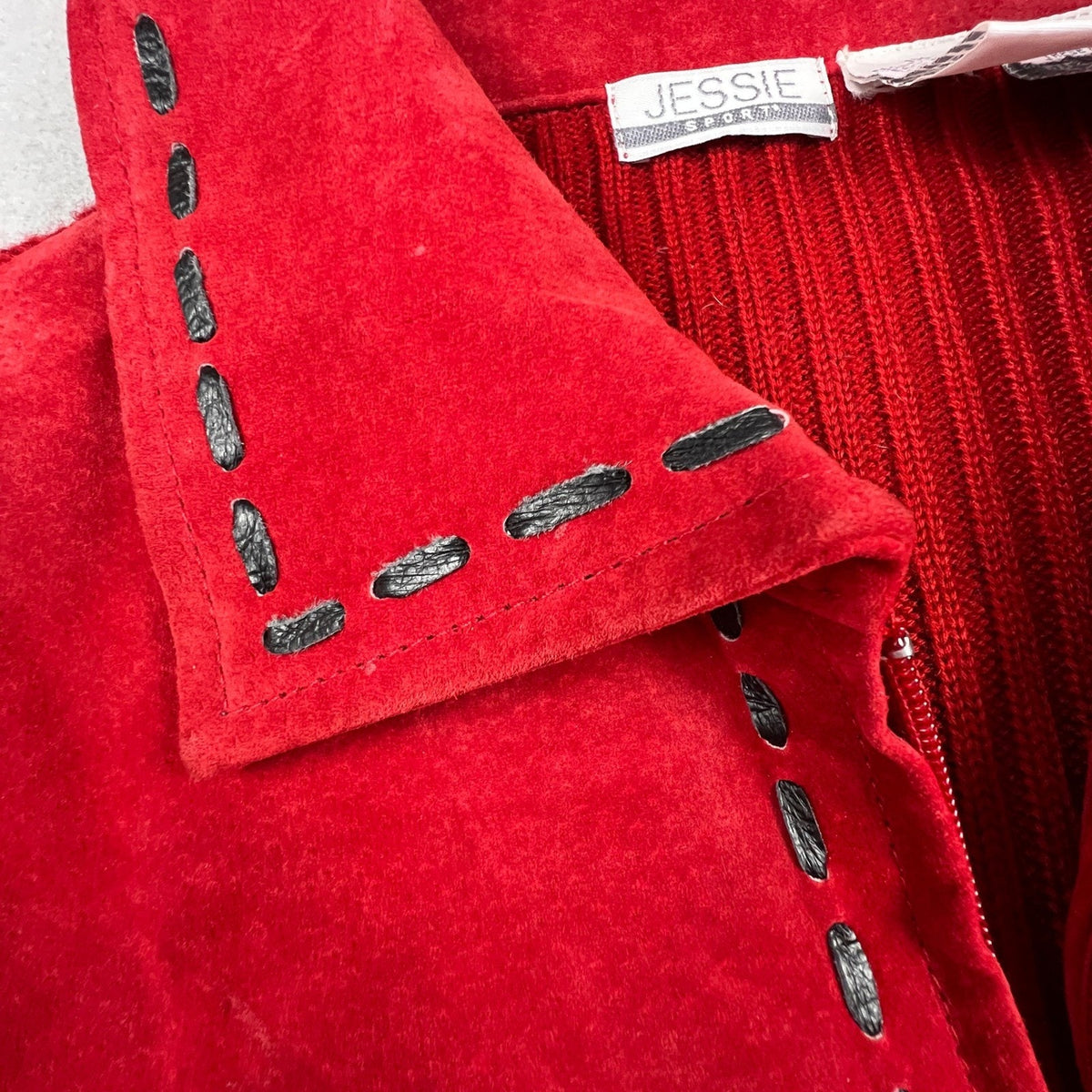 Jessie Sport Leather Jacket Women 1X Red Suede Ribbed Knit Mixed Media Zip Up