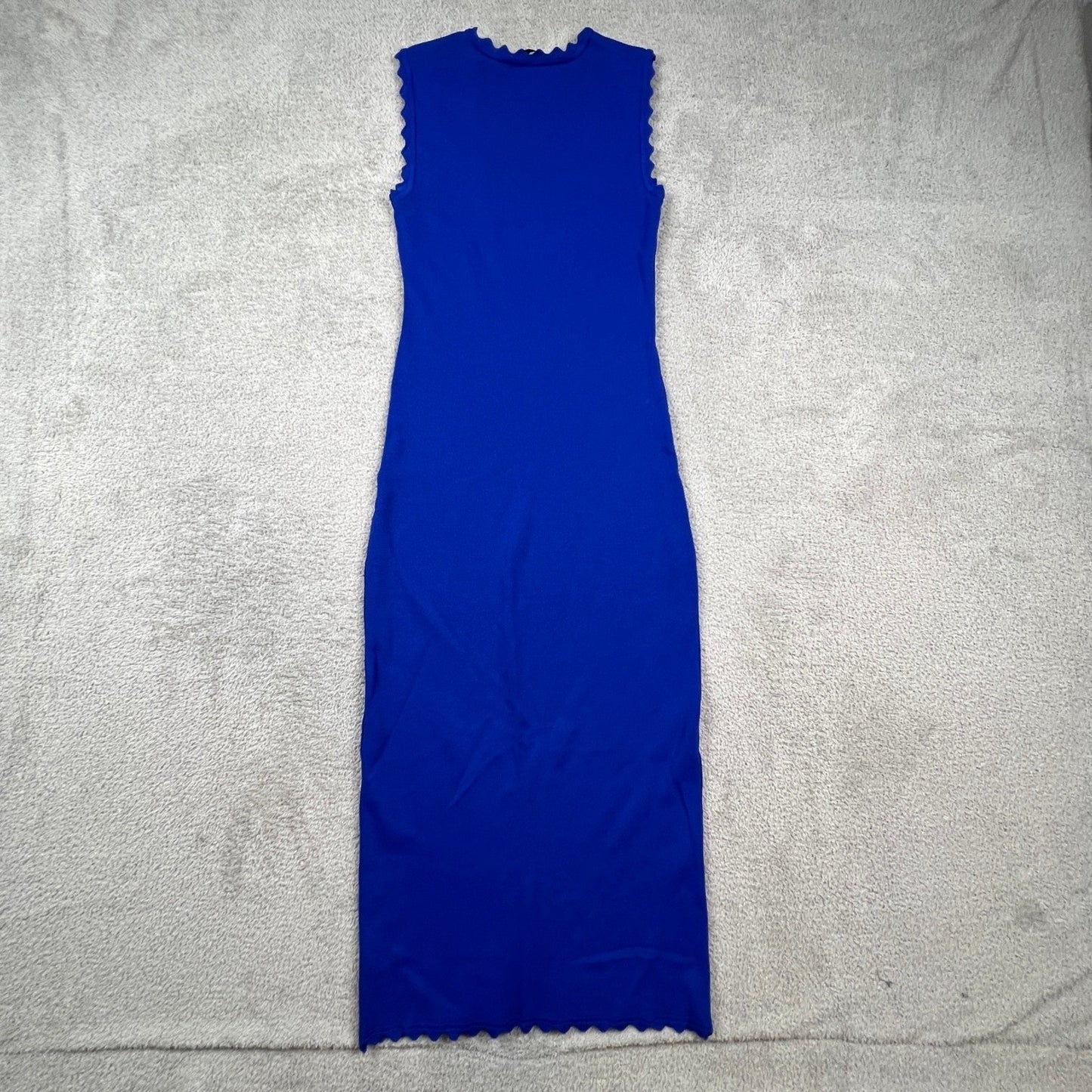Zara Knit Midi Dress Womens Medium Blue Scalloped Trim Bodycon Sleeveless Chic
