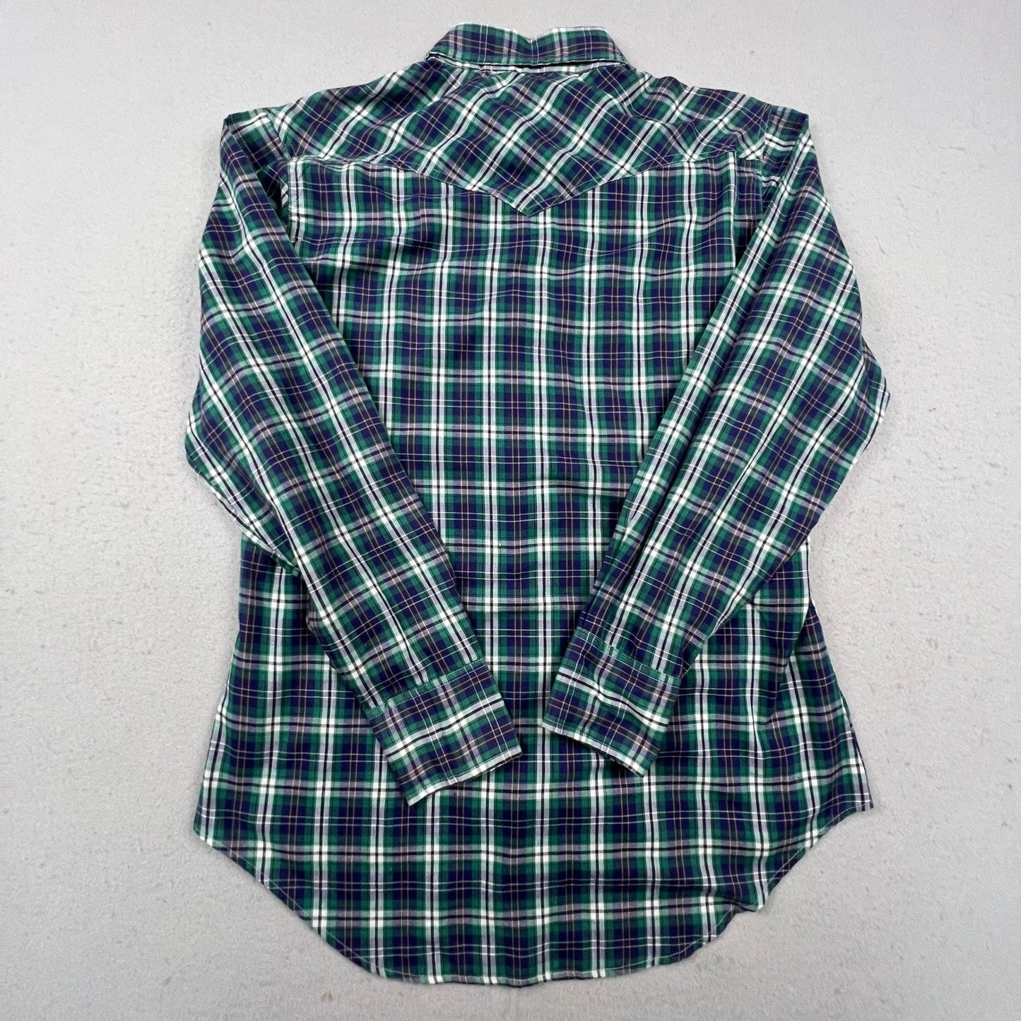 Sears Western Wear Pearl Snap Shirt Mens Medium Green Plaid Vintage Cowboy Yoke