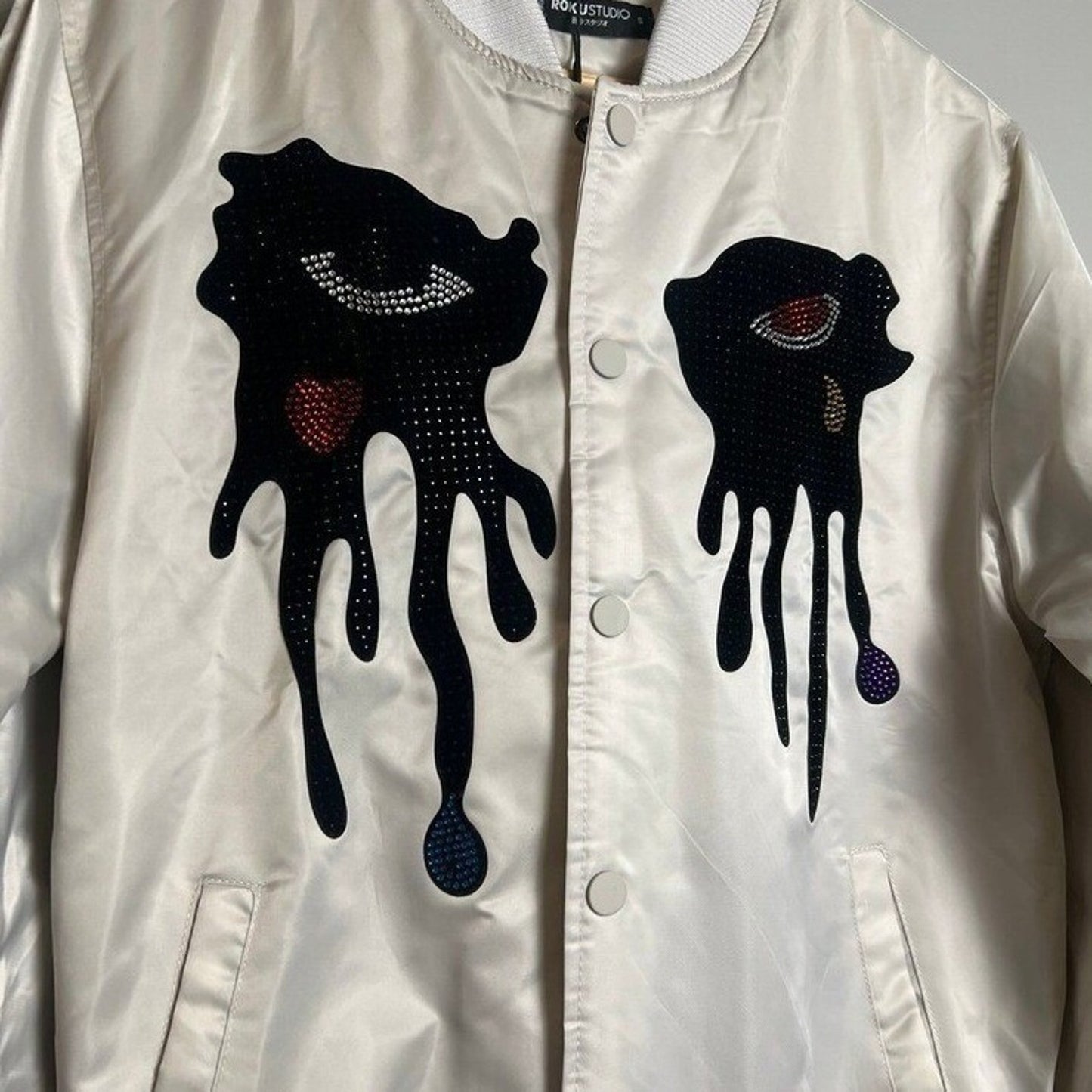 Y2K Roku Studio Bomber Jacket Mens Small NWT Silver Rhinestones Tear Drop Grunge