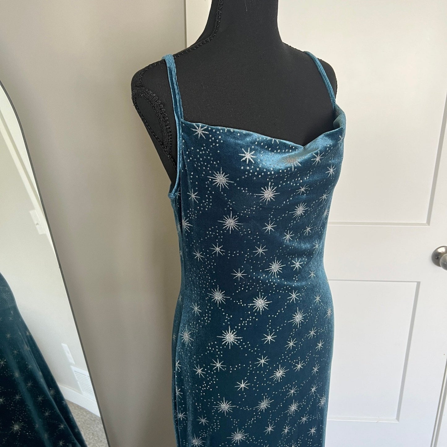 Cider Velvet Maxi Dress Womens Medium Teal Celestial Starburst Cowl Neck Party