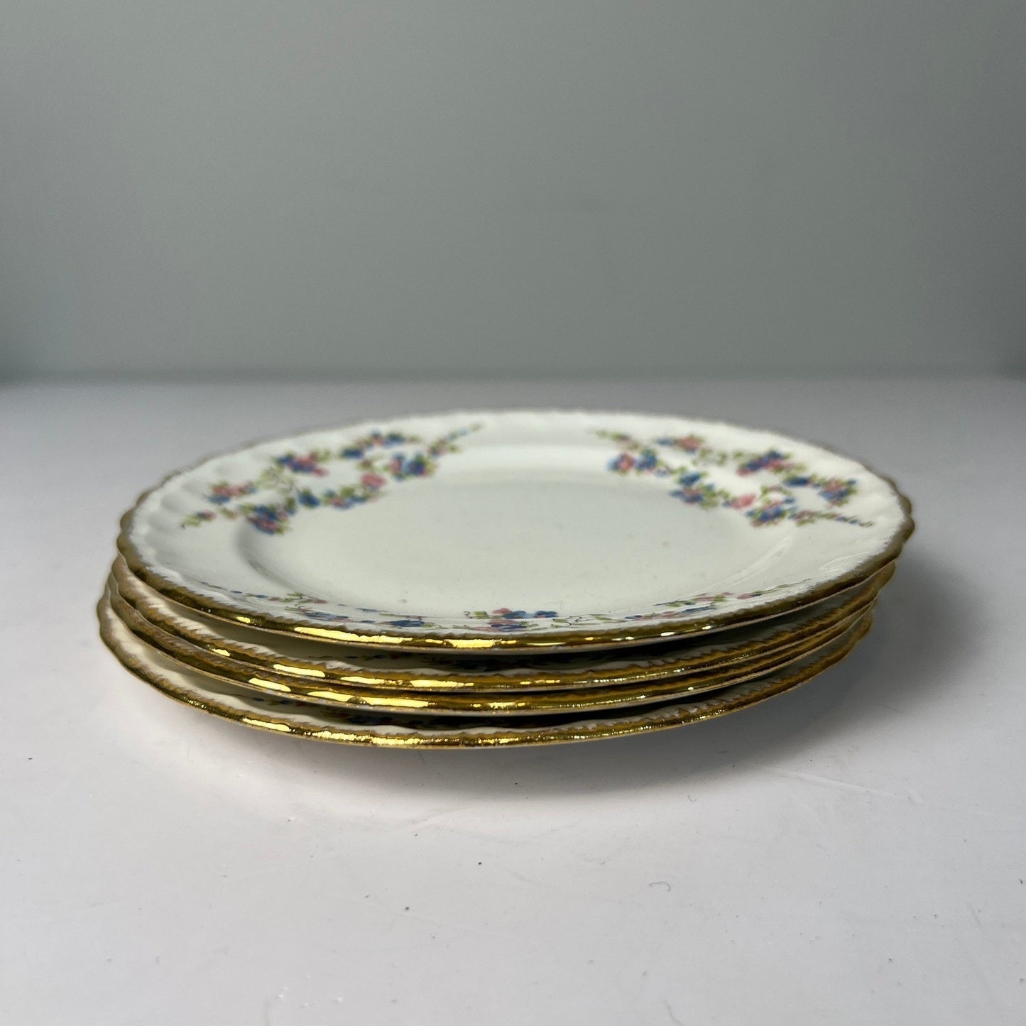 VTG 50s Pope-Gosser Blue Bell Bread Plates Set of 4 White Gold Trim Grandmacore