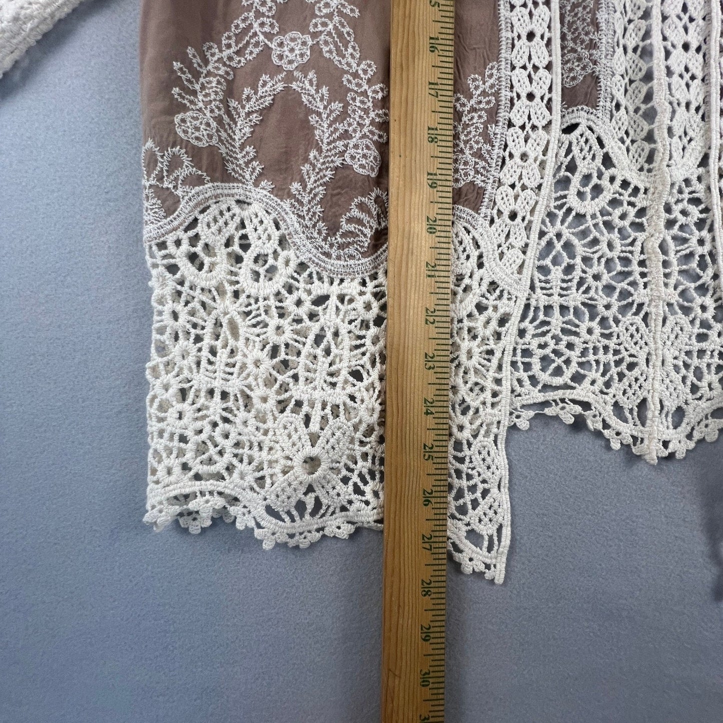 Crochet Lace Kimono Cardigan Womens M Brown Embroidered Boho Sheer Layer