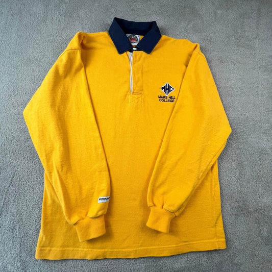 VTG Barbarian Rugby Wear Mars Hill College Shirt Mens XL Yellow Long Sleeve Polo