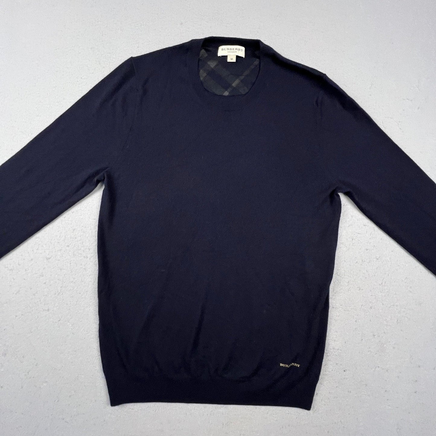 Burberry London Cashmere Sweater Mens M Navy Crewneck Nova Check Luxury Knit