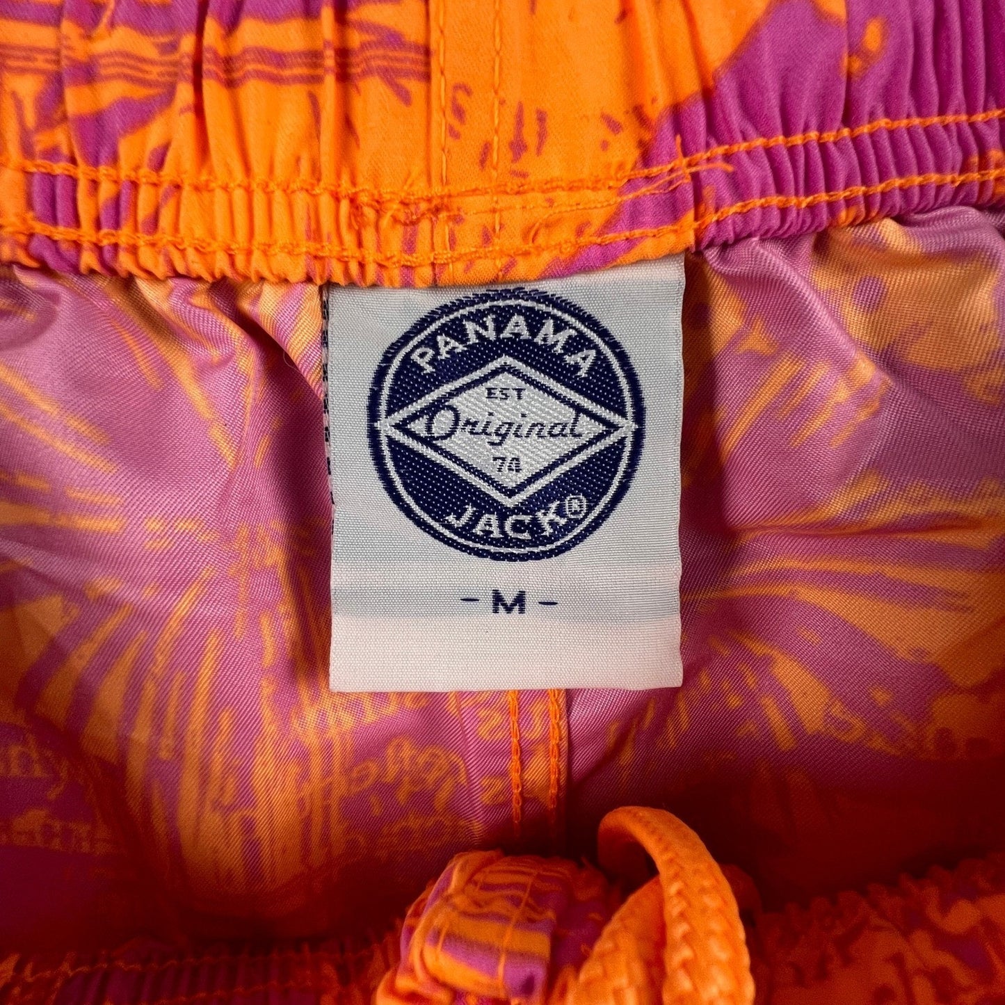 Panama Jack Swim Trunks Mens Medium Orange Purple Tropical Palm Script Beachwear