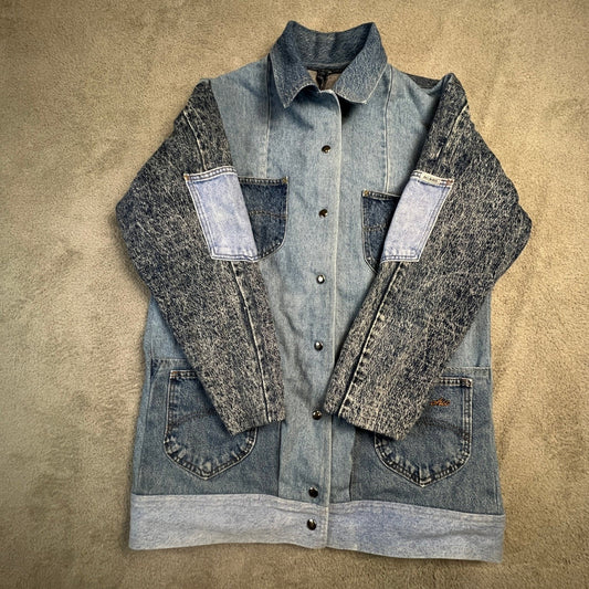 Vintage Denim Patchwork Jacket Women's Large Chore Coat Acid Wash Longline Blue