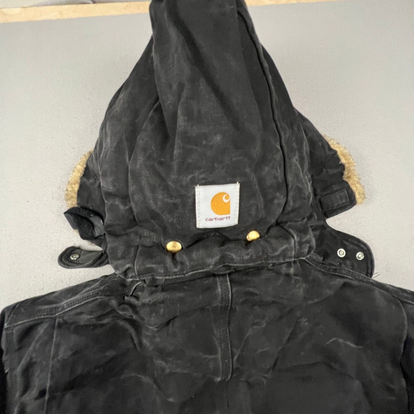 VTG Carhartt Black Arctic Quilt Lined Traditional Duck Canvas Coat Hood C26 BLK
