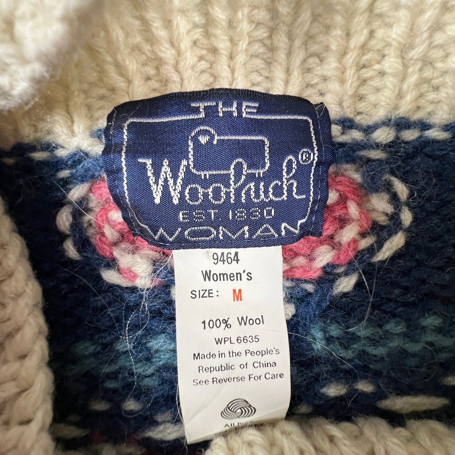 Woolrich Cardigan Sweater Womens M Cream Wool Folk Art Intarsia Vintage 90s Knit
