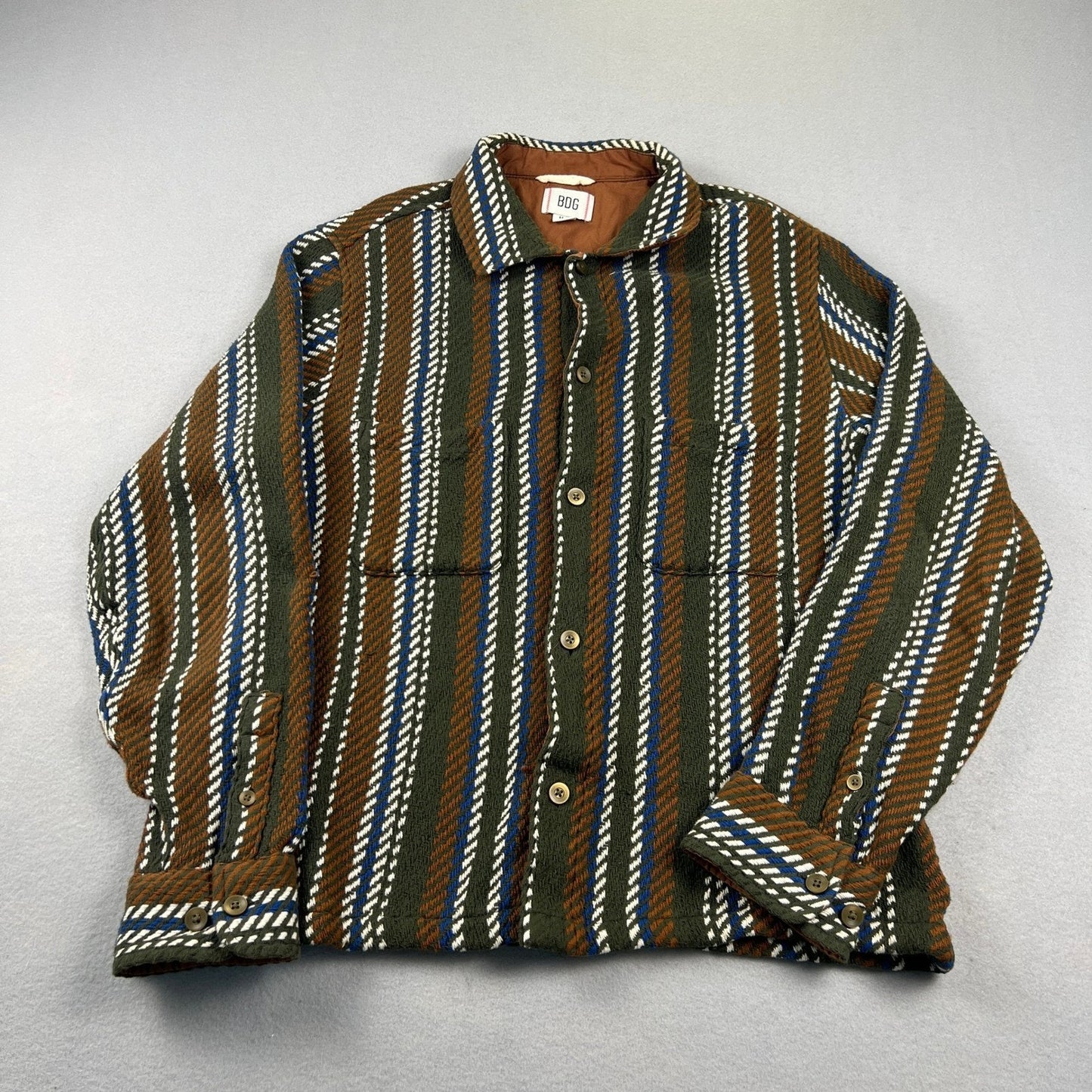 100% Cottong BDG Woven Shirt Jacket Mens Medium Green Striped Heavy Boho Workwear