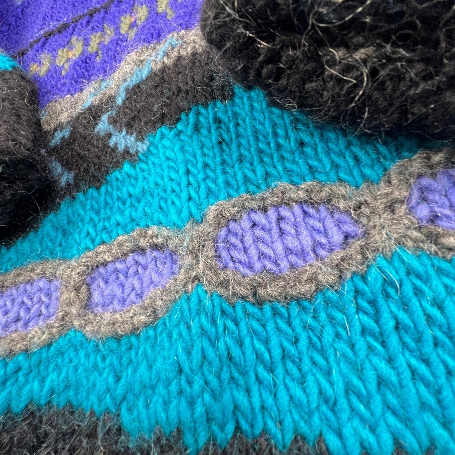 Hand Knit Sweater Dress Womens M Purple Turquoise Abstract Fair Isle Boho 3D VTG