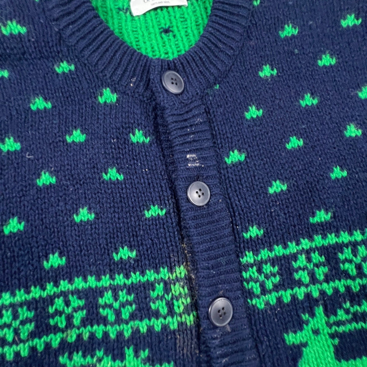 United Colors of Benetton Cardigan Mens L Navy Green Reindeer Shetland Wool