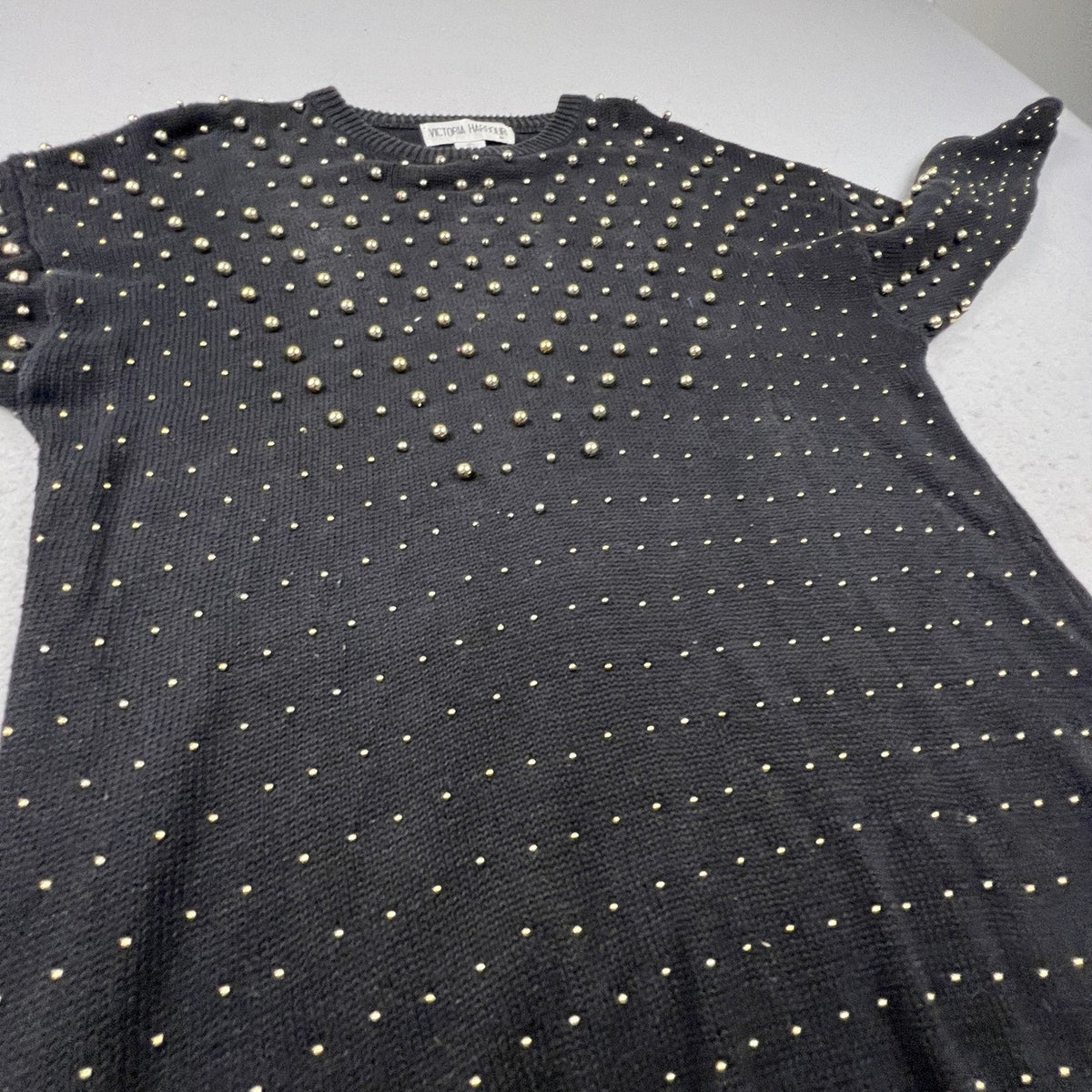Victoria Harbour Sweater Womens L Black Gold Beaded Ramie Cotton Knit Crewneck
