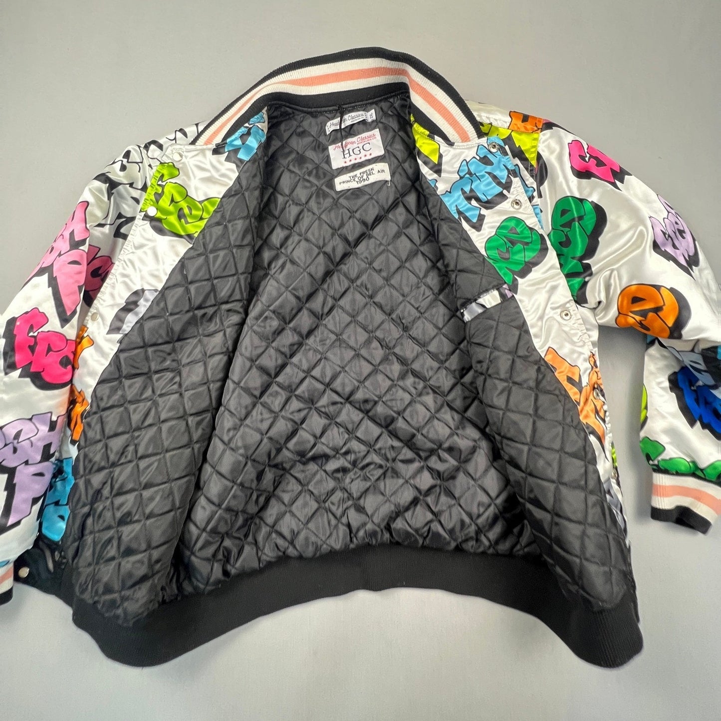 Headgear Classics Fresh Prince Jacket Mens XL White Graffiti Satin Bomber 90s