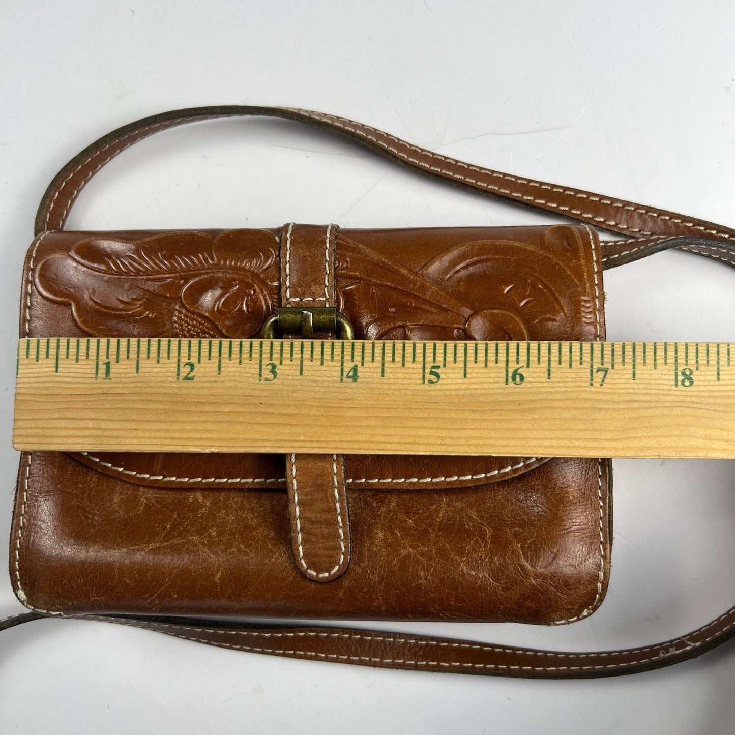 Patricia Nash Tooled Leather Crossbody Bag Tan Floral Embossed Vintage Boho