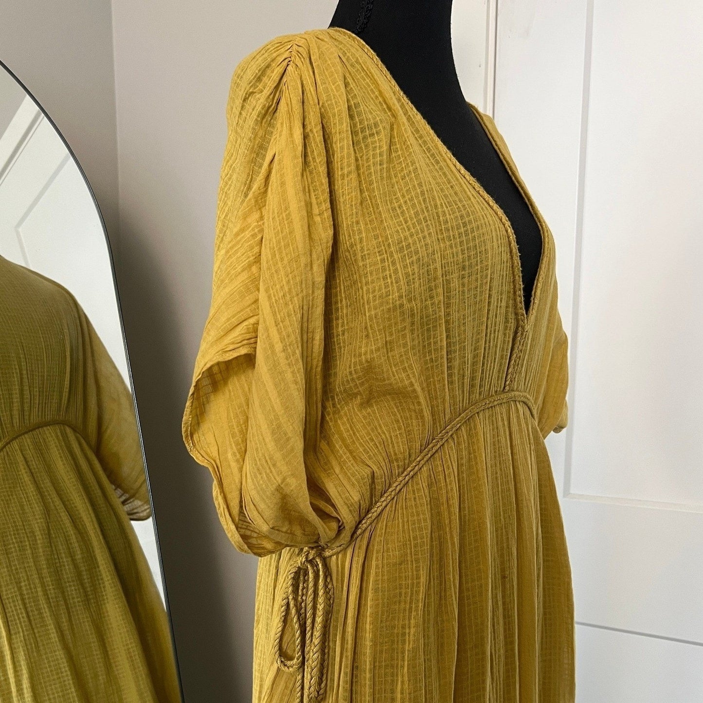 Zara Maxi Dress Womens M Yellow V-Neck Textured Tassel Boho Beach Kaftan