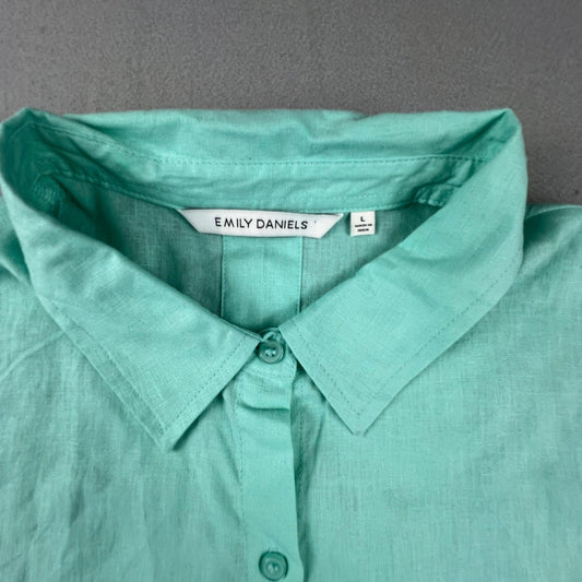 Emily Daniels Button Down Top Womens Large Green Linen Blend Short Sleeve Casual