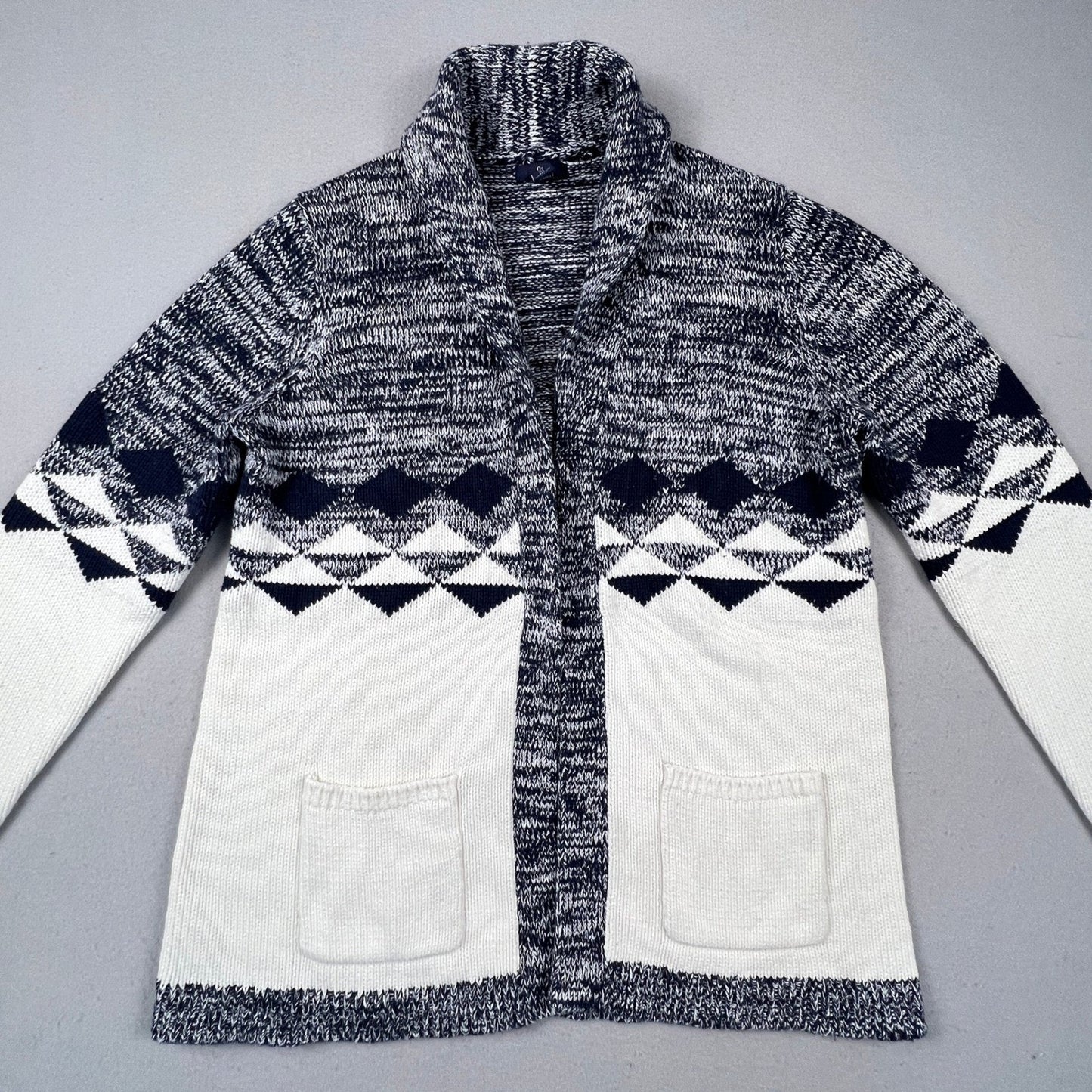 Gap Cardigan Sweater Womens Large Blue White Geometric Fair Isle Shawl Knit Cozy