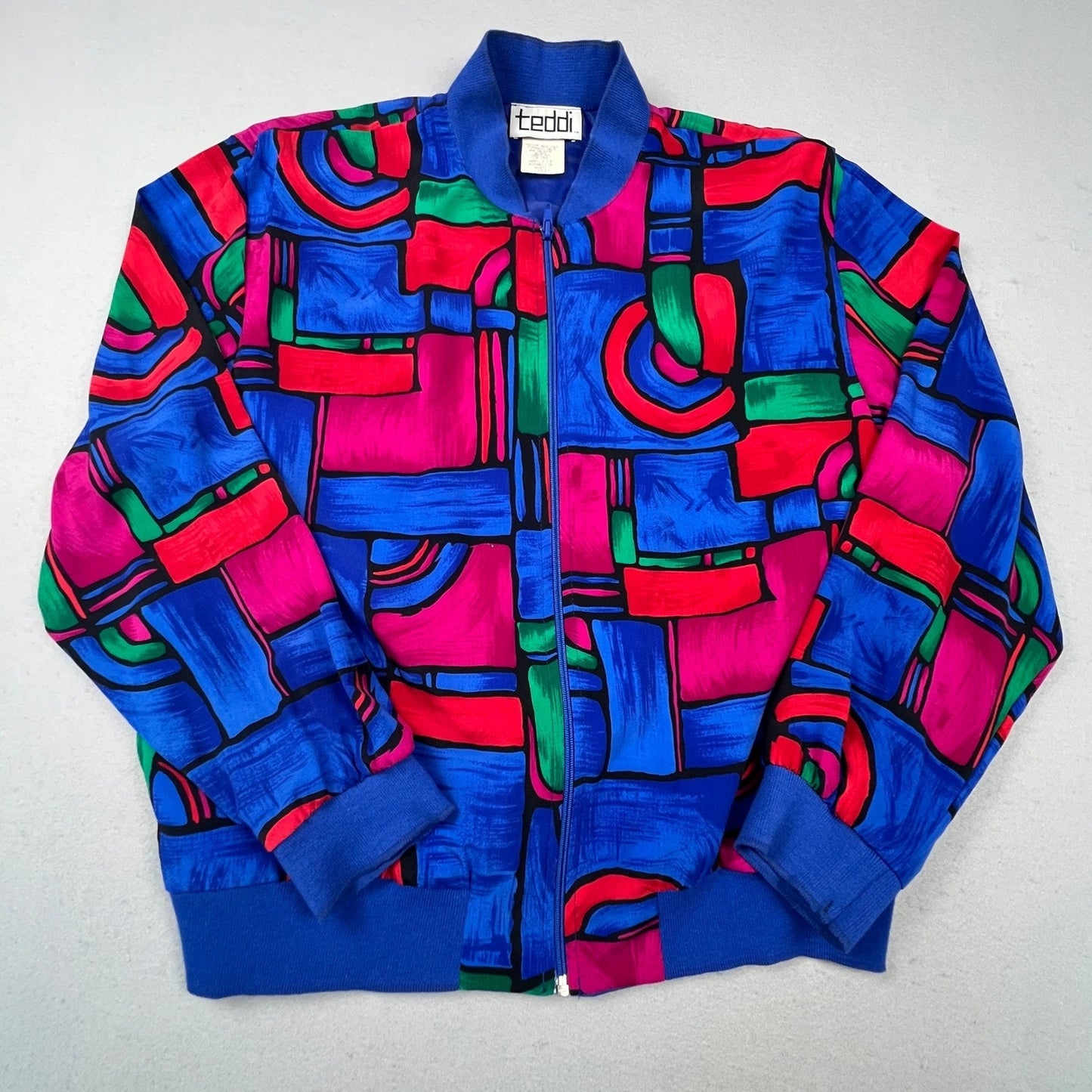 VTG Retro 90s Teddi Bomber Jacket Womens Large Blue Abstract Geometric Zip Up