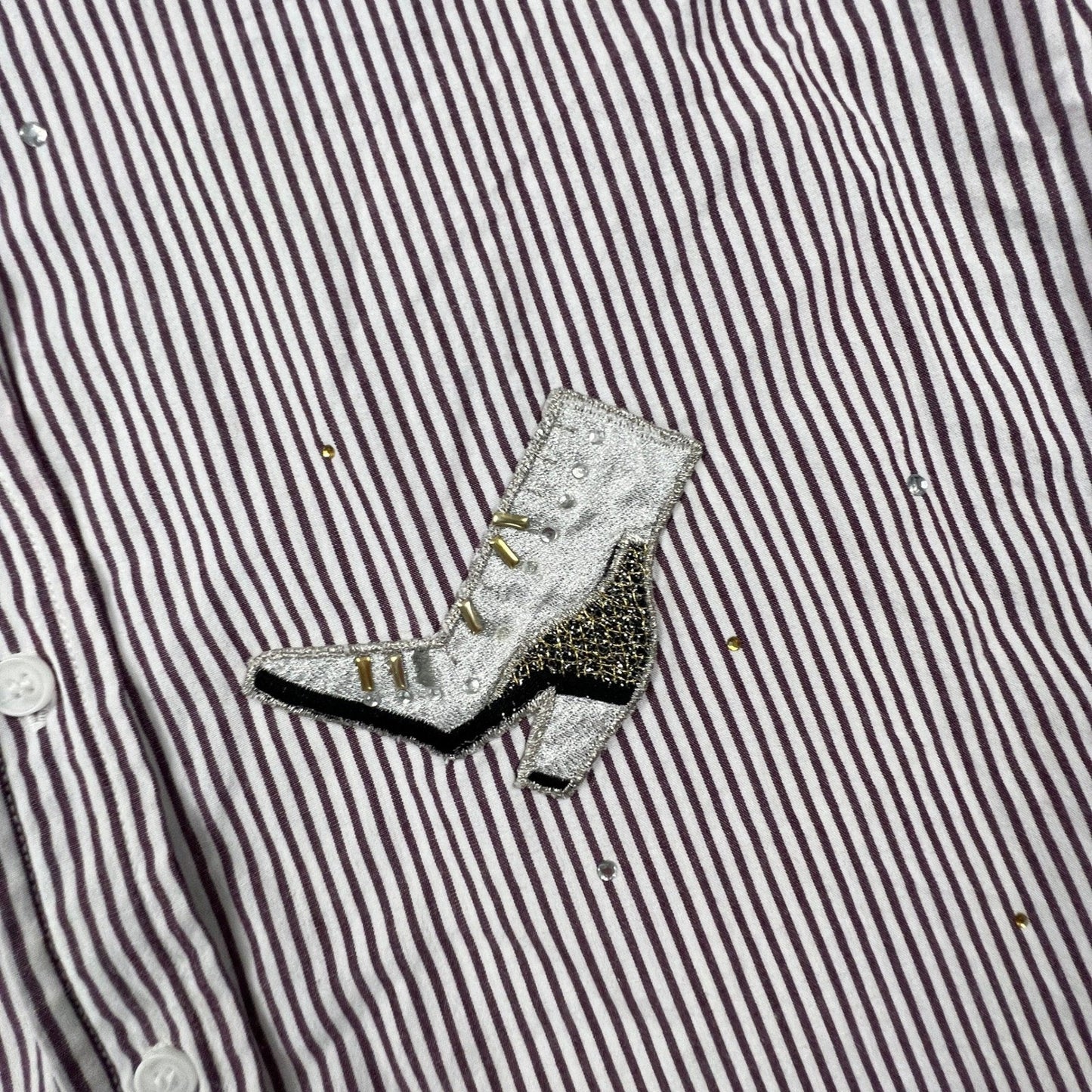 Bobbie Brooks Button Up Shirt Womens Small Purple Stripe Shoe Applique Blouse