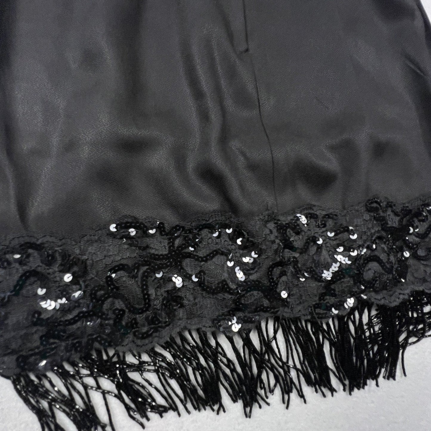VTG 90s Roberta Mini Dress Small Black Sequin Fringe Lace Spaghetti Strap Party