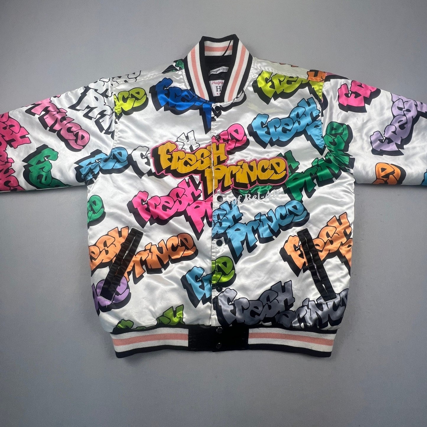 Headgear Classics Fresh Prince Jacket Mens XL White Graffiti Satin Bomber 90s