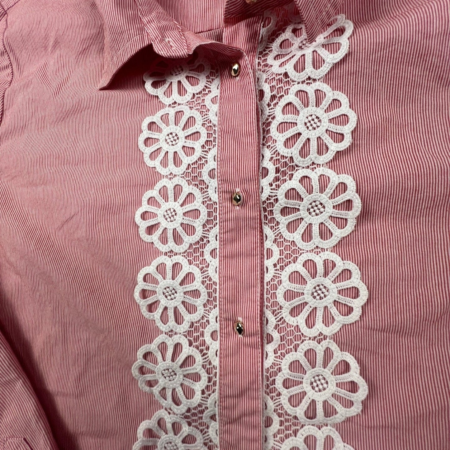 VTG Marc New York Button Down Womens XL Red Stripe Lace Trim Preppy Chic