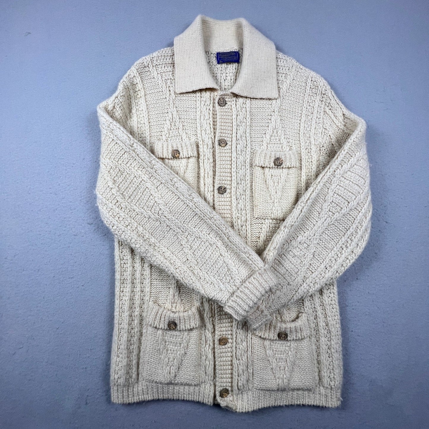 Vintage Pendleton Sweater Mens Large Cream Wool Cable Knit Aran Cardigan USA