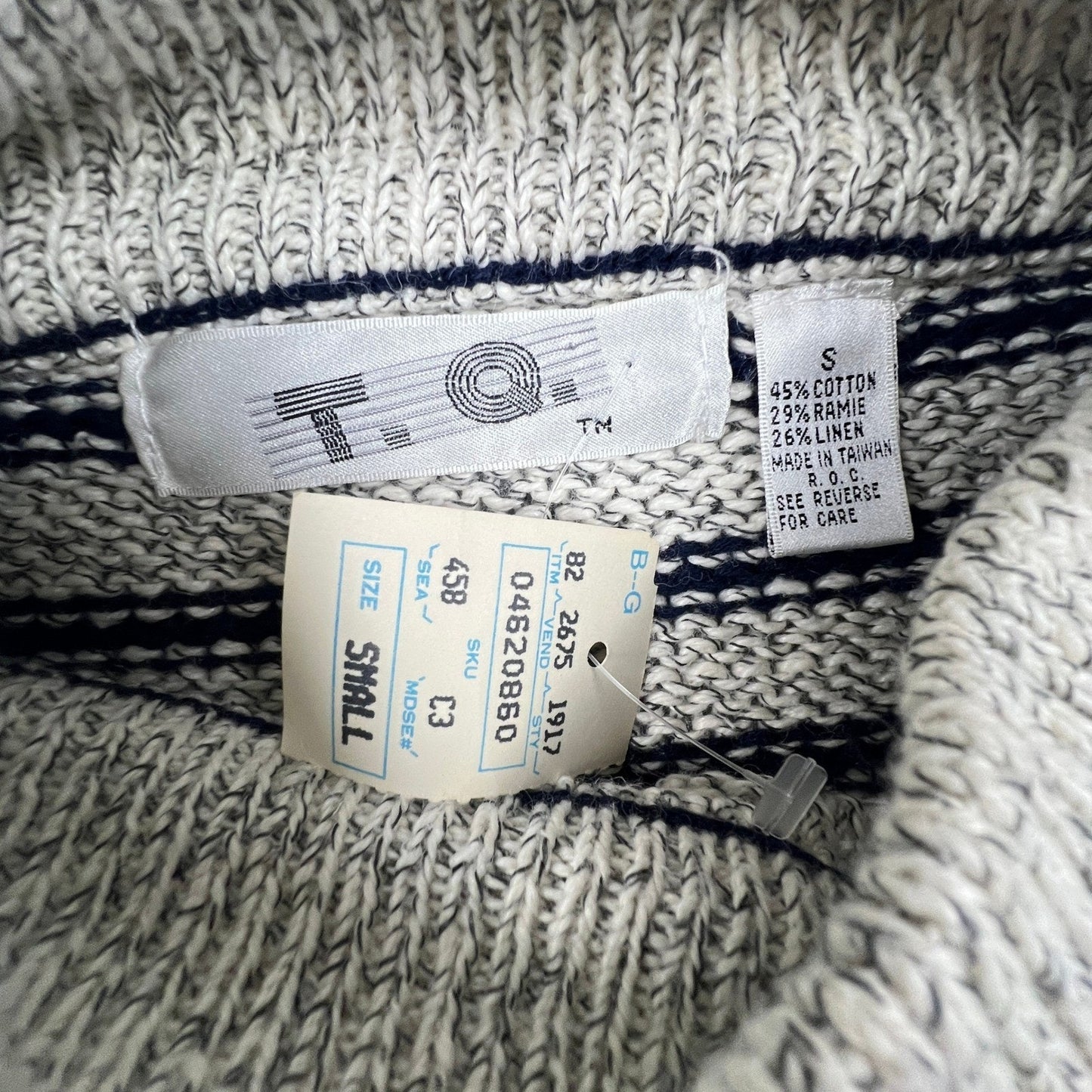 T.Q. Vintage Mock Neck Sweater Womens Small Grey Navy Striped Cable Knit Cotton