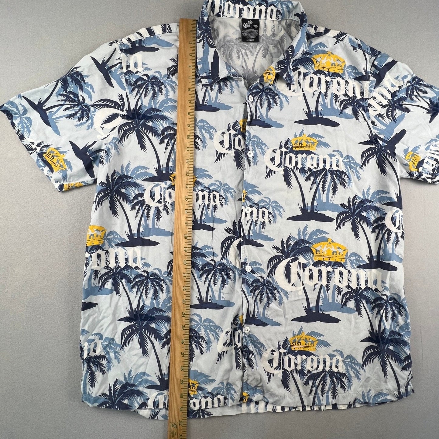 Corona Button Up Shirt Mens 2XL Blue Palm Tree Tropical Rayon Beach Hawaiian