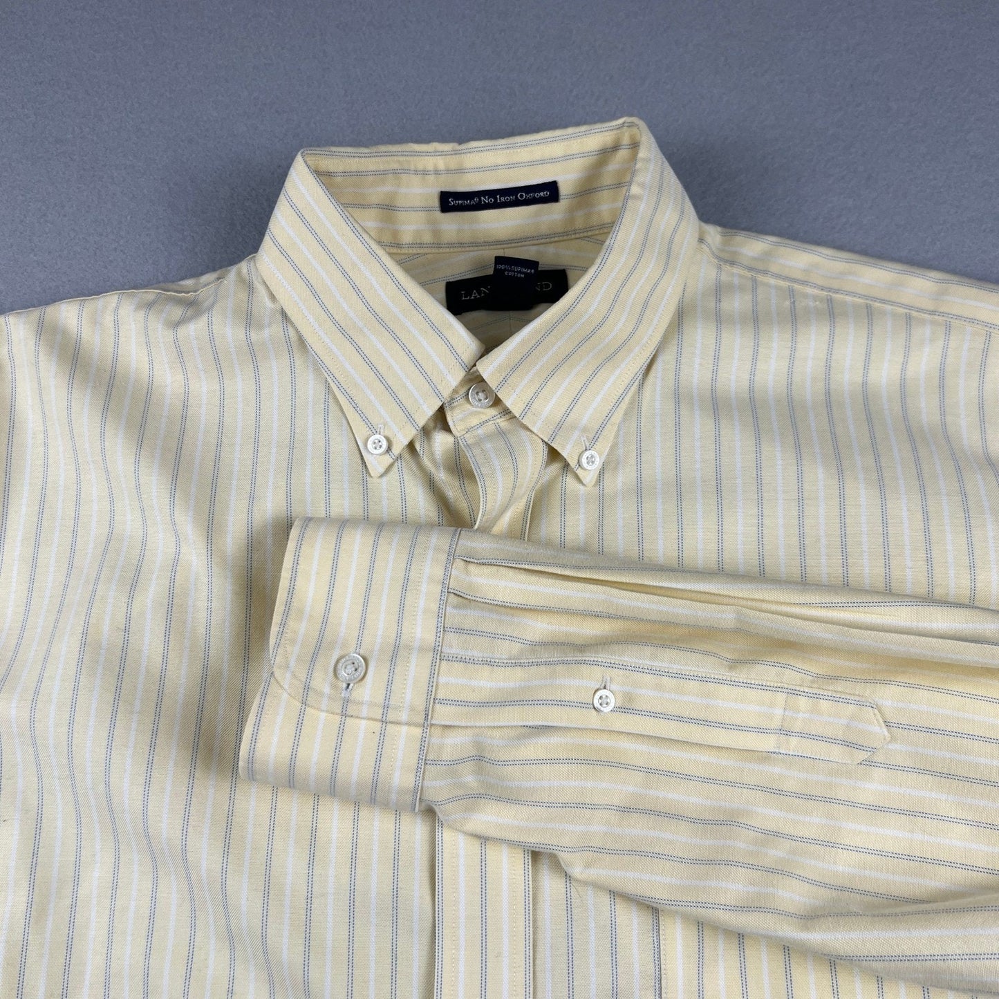 Lands' End Button Down Shirt Mens L 16-16.5 Yellow Stripe Supima No Iron Oxford