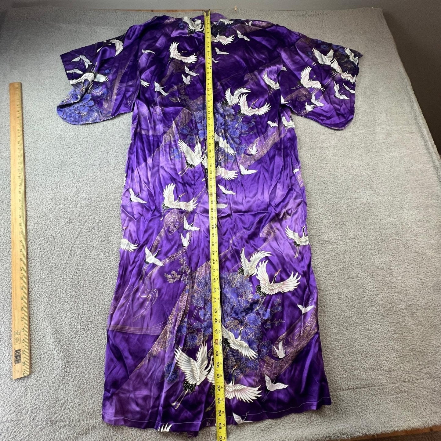 Japanese Silk Kimono Robe Purple Crane Floral Print Made in Japan OS Vintage
