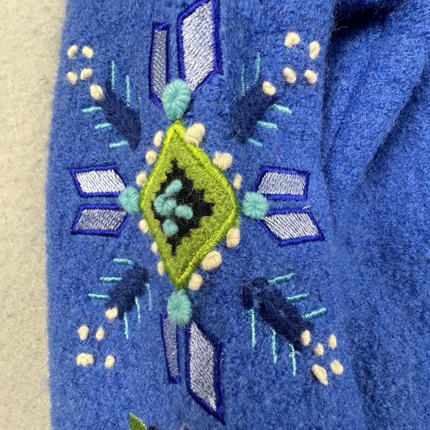 Carson Wool Embroidered Jacket Womens Small Blue Faux Fur Trim Boho Folk Art
