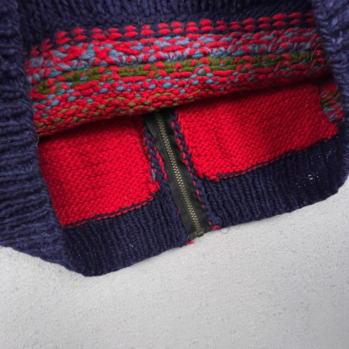 Handmade Fair Isle Zip Cardigan Sweater Mens XL Red Wool Knit Nordic Outdoor
