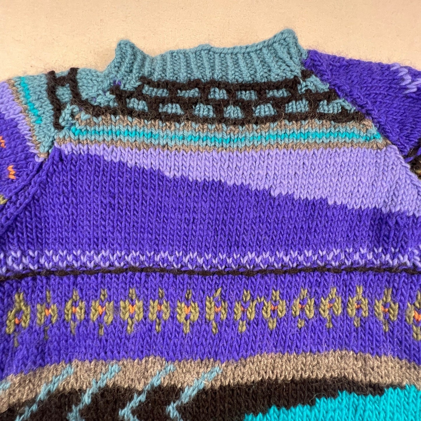 Hand Knit Sweater Dress Womens M Purple Turquoise Abstract Fair Isle Boho 3D VTG