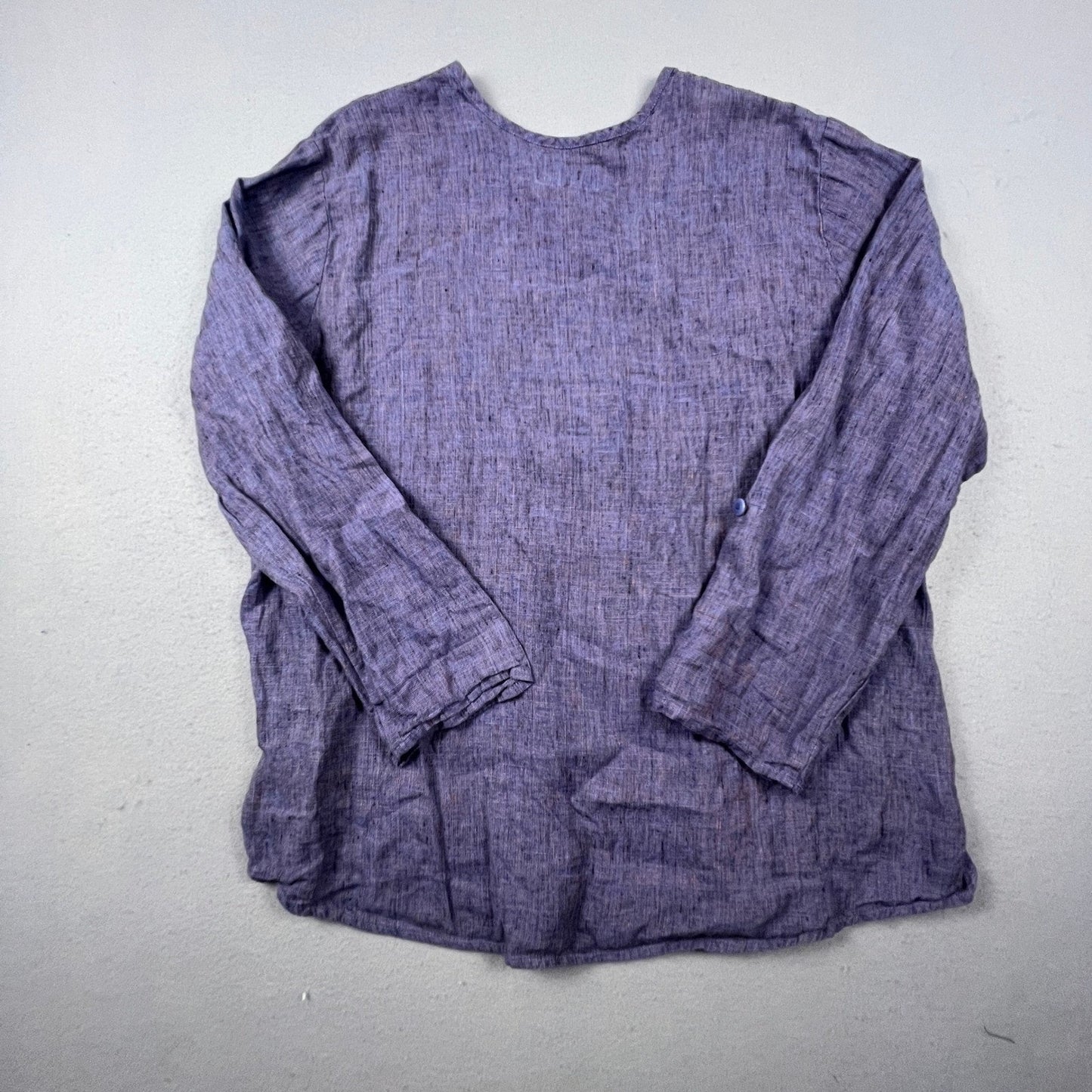 FLAX Linen Tunic Top Womens Large Purple Faux Wrap V-Neck Lagenlook Coastal Boho