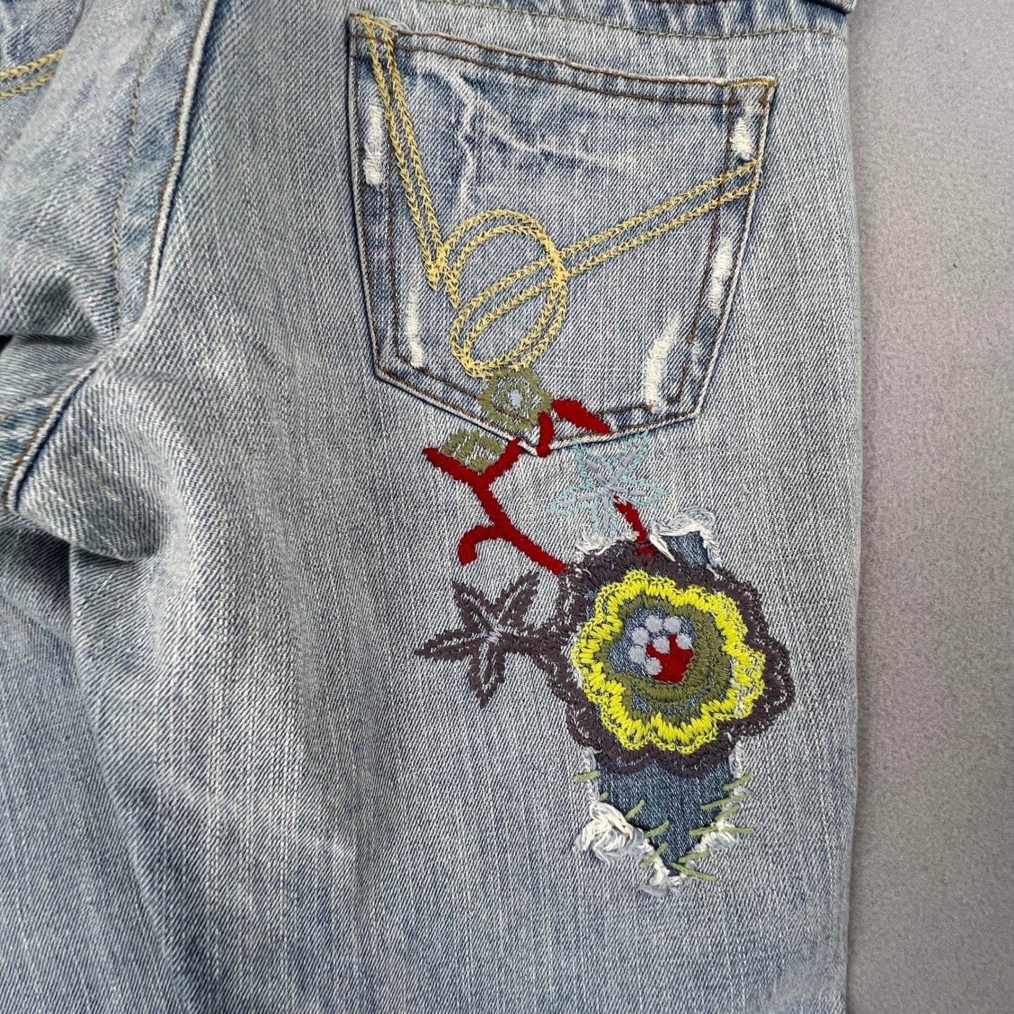 VTG Y2K Bebe Flare Jeans Womens 27 Embroidered Distressed Patchwork Boho