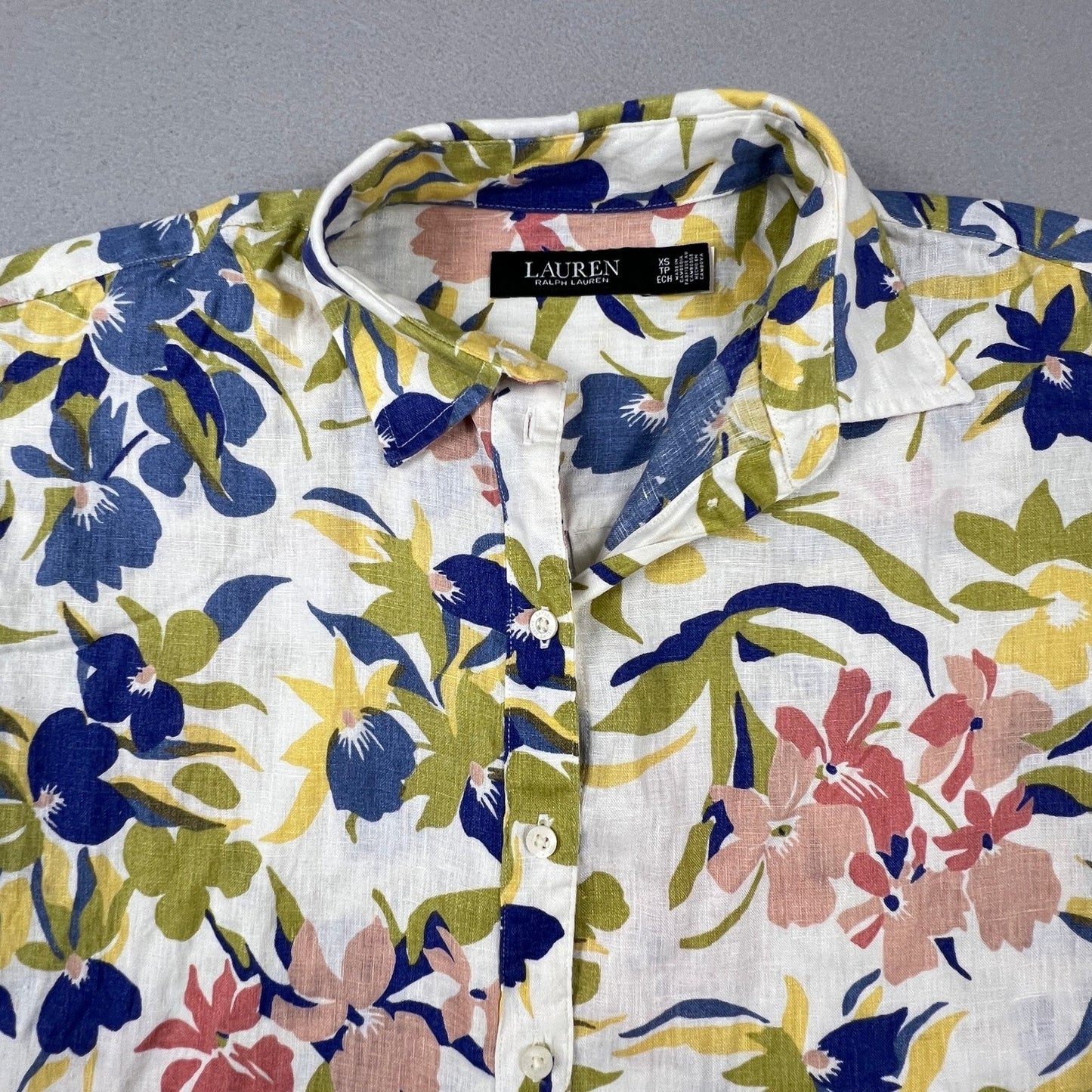Lauren Ralph Lauren Button Down Shirt Womens XS Multi Floral 100% Linen Tropical