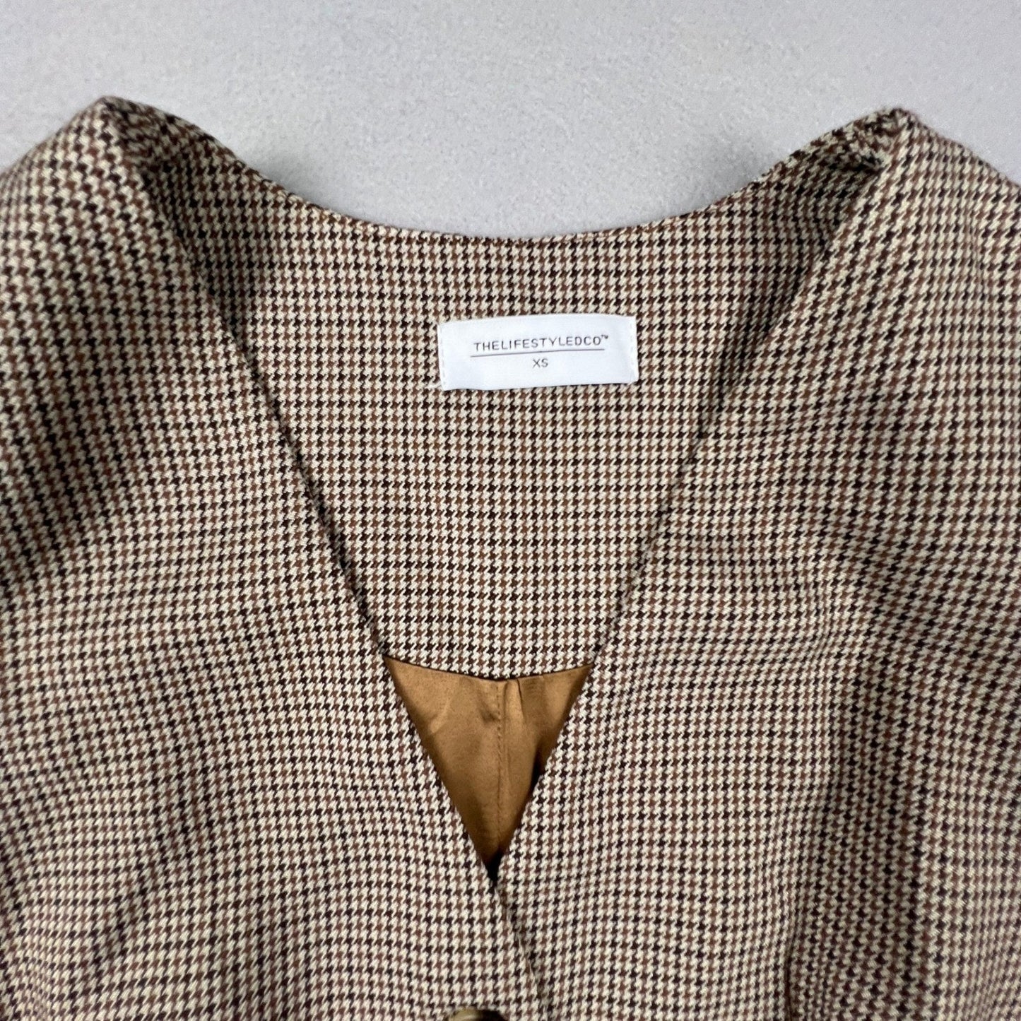 Houndstooth Vest Mini Dress XS Brown Button Front Dark Academia THELIFESTYLEDCO