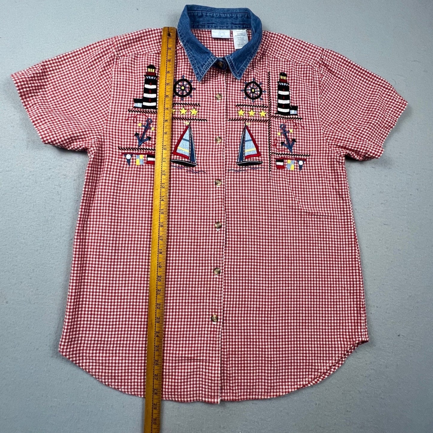 Bobbie Brooks Nautical Embroidery Shirt Women L Red Gingham Denim Coastal Granny