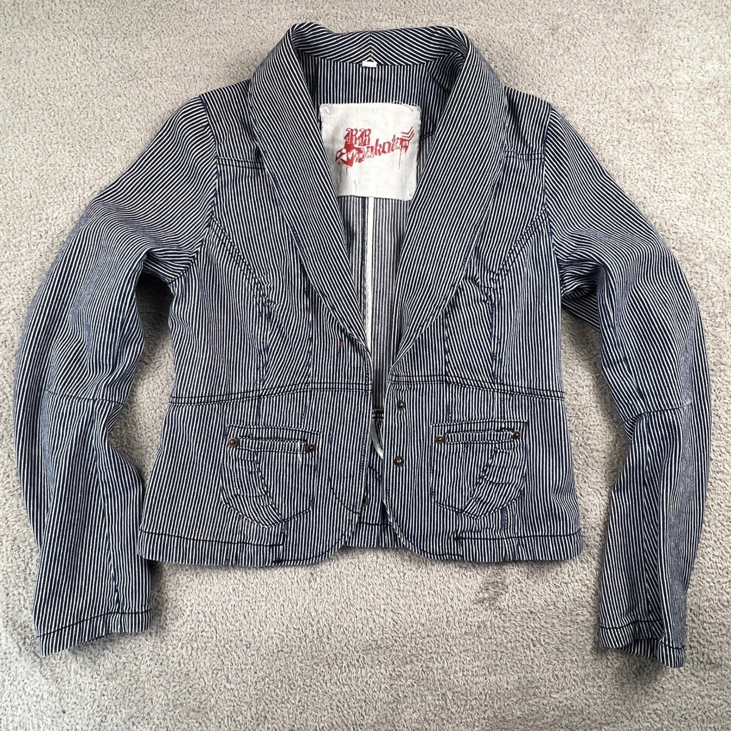 BB Dakota Hickory Stripe Denim Blazer Womens Medium Blue Fitted Peplum Jacket