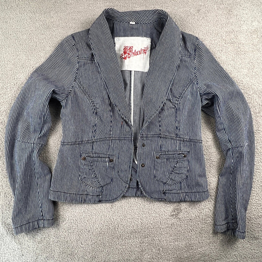BB Dakota Hickory Stripe Denim Blazer Womens Medium Blue Fitted Peplum Jacket