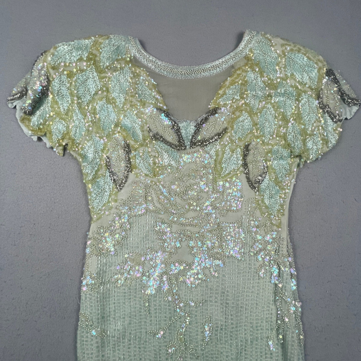 Vintage Oleg Cassini Beaded Silk Dress Women 8 Green Sequin Floral 80s Cocktail