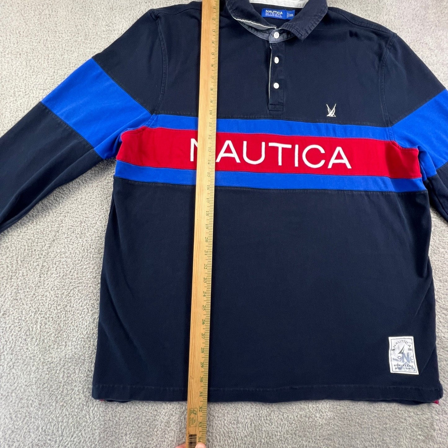 Nautica Long Sleeve Rugby Shirt Mens XXL Blue Sail Colorblock Navy Blue Red Y2K