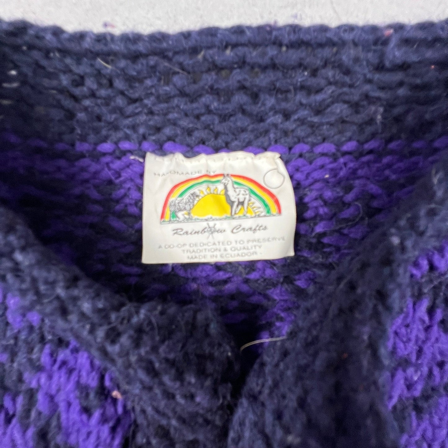 Rainbow Crafts Cardigan Mens L Purple Merino Wool Geometric Knit Ecuador Boho