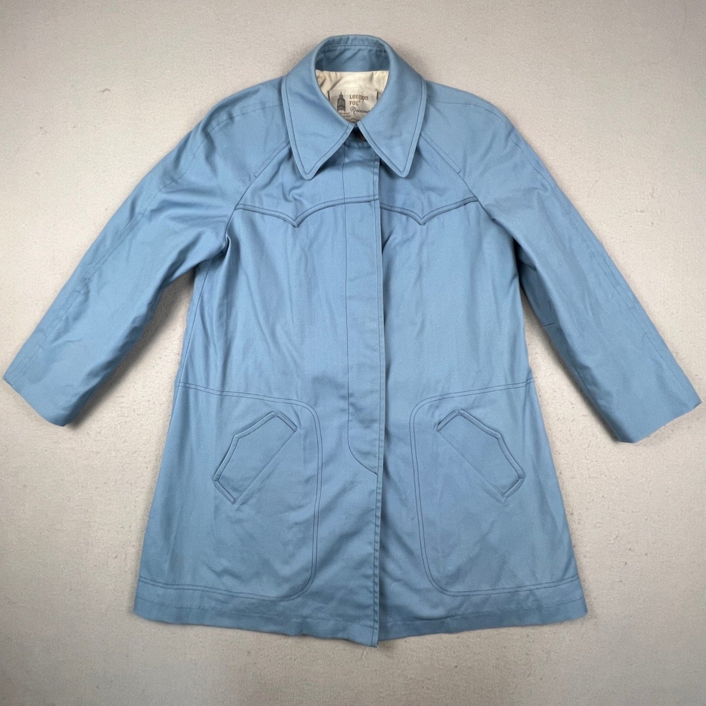 London Fog Maincoat Rain Jacket Womens 14 Regular Blue Vintage Western Yoke Coat