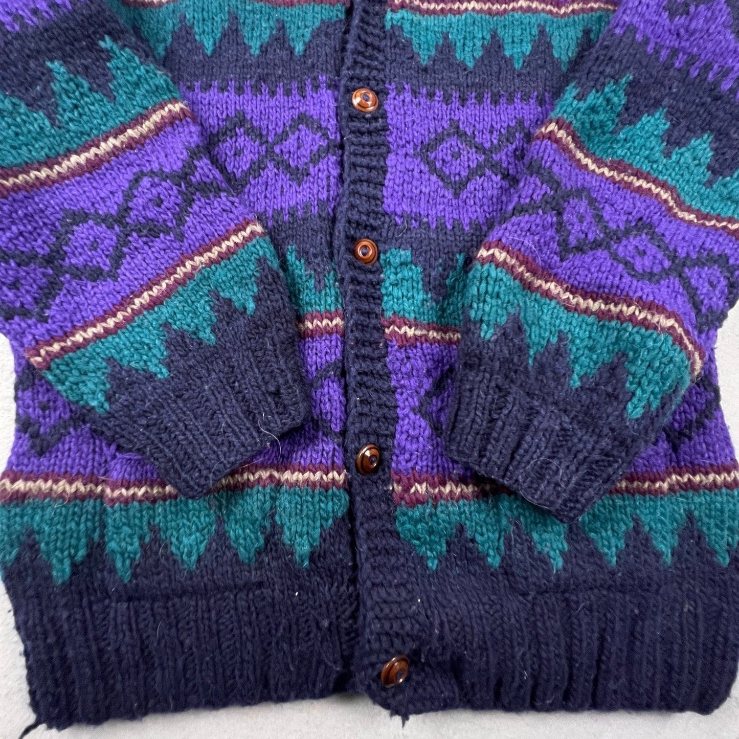 Rainbow Crafts Cardigan Mens L Purple Merino Wool Geometric Knit Ecuador Boho