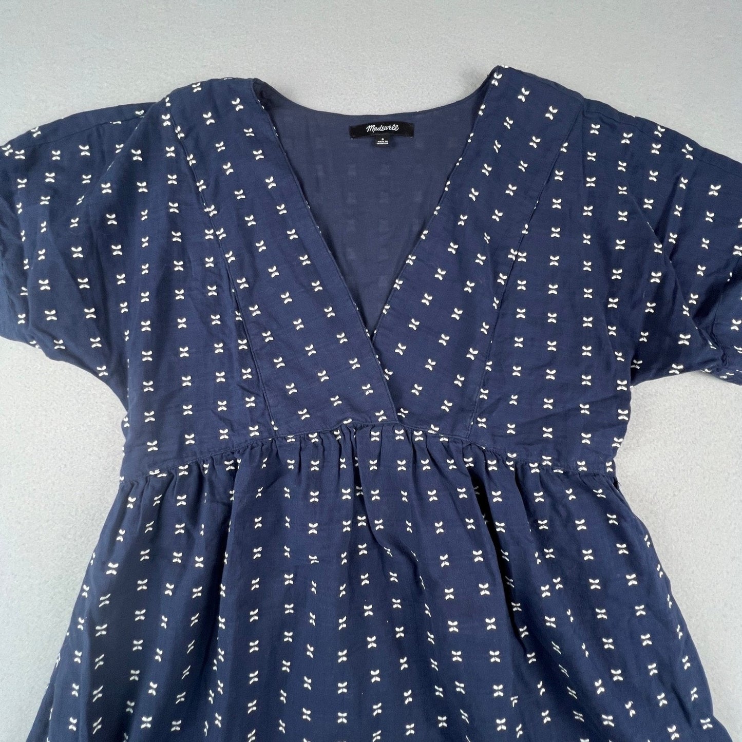 Madewell Mini Dress Womens Small Navy Blue Embroidered Bow Dobby V-Neck Boho
