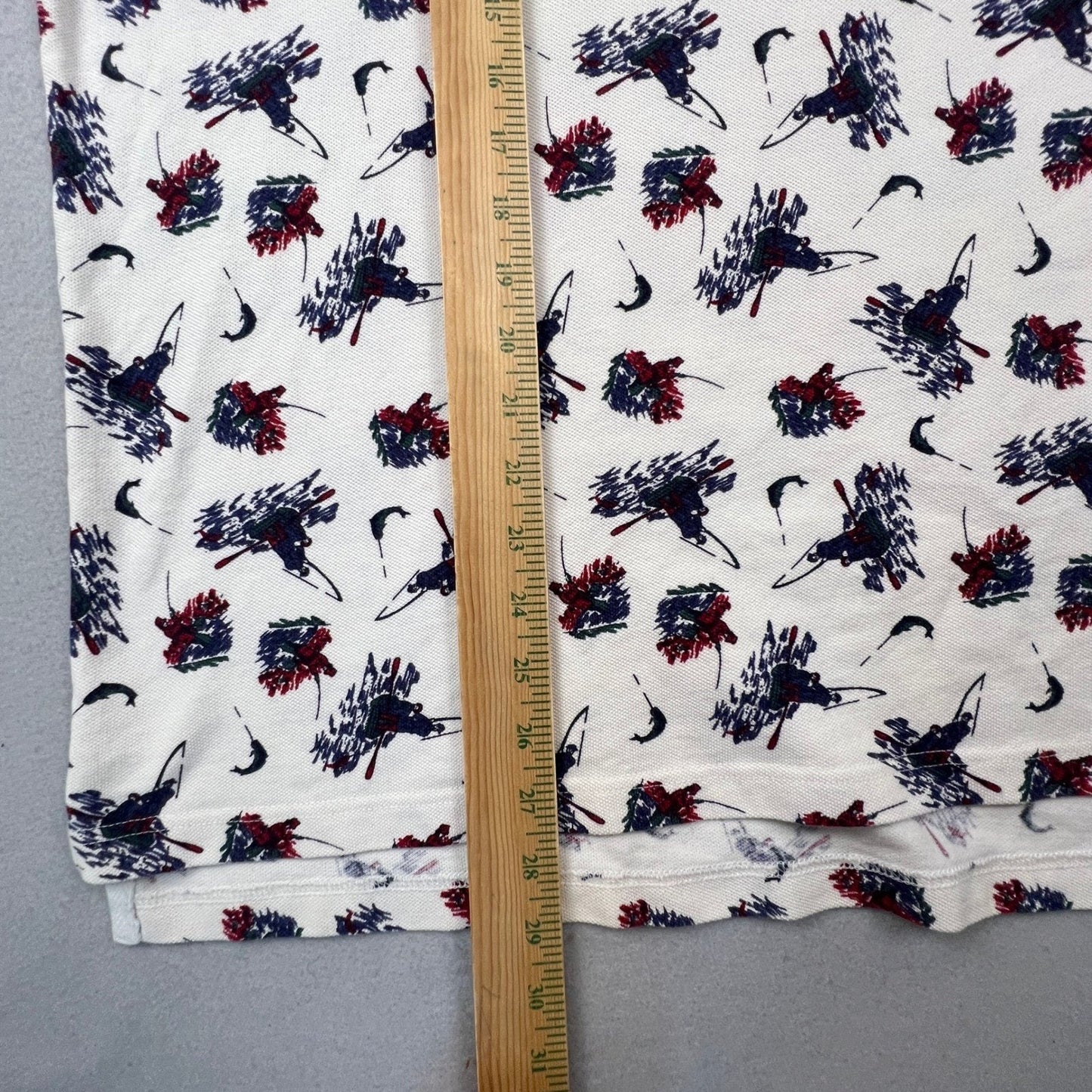 Woolrich Polo Shirt Mens Large Ivory Fishing Print Cotton Short Sleeve Outdoor